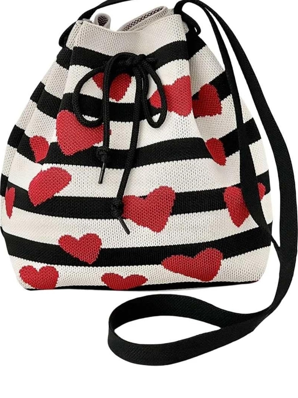 Striped Knit Heart Drawstring Bucket Bag - Black, White & Red